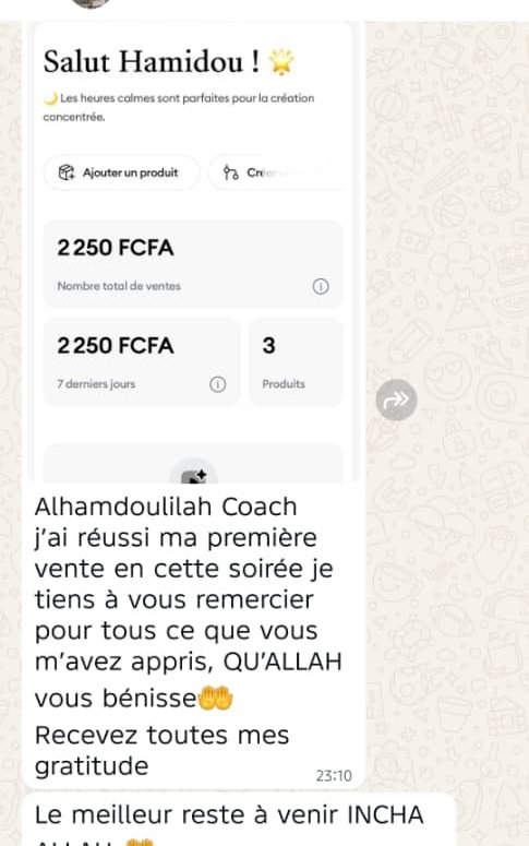 Capture d'écran montrant une première vente de 2 250 FCFA